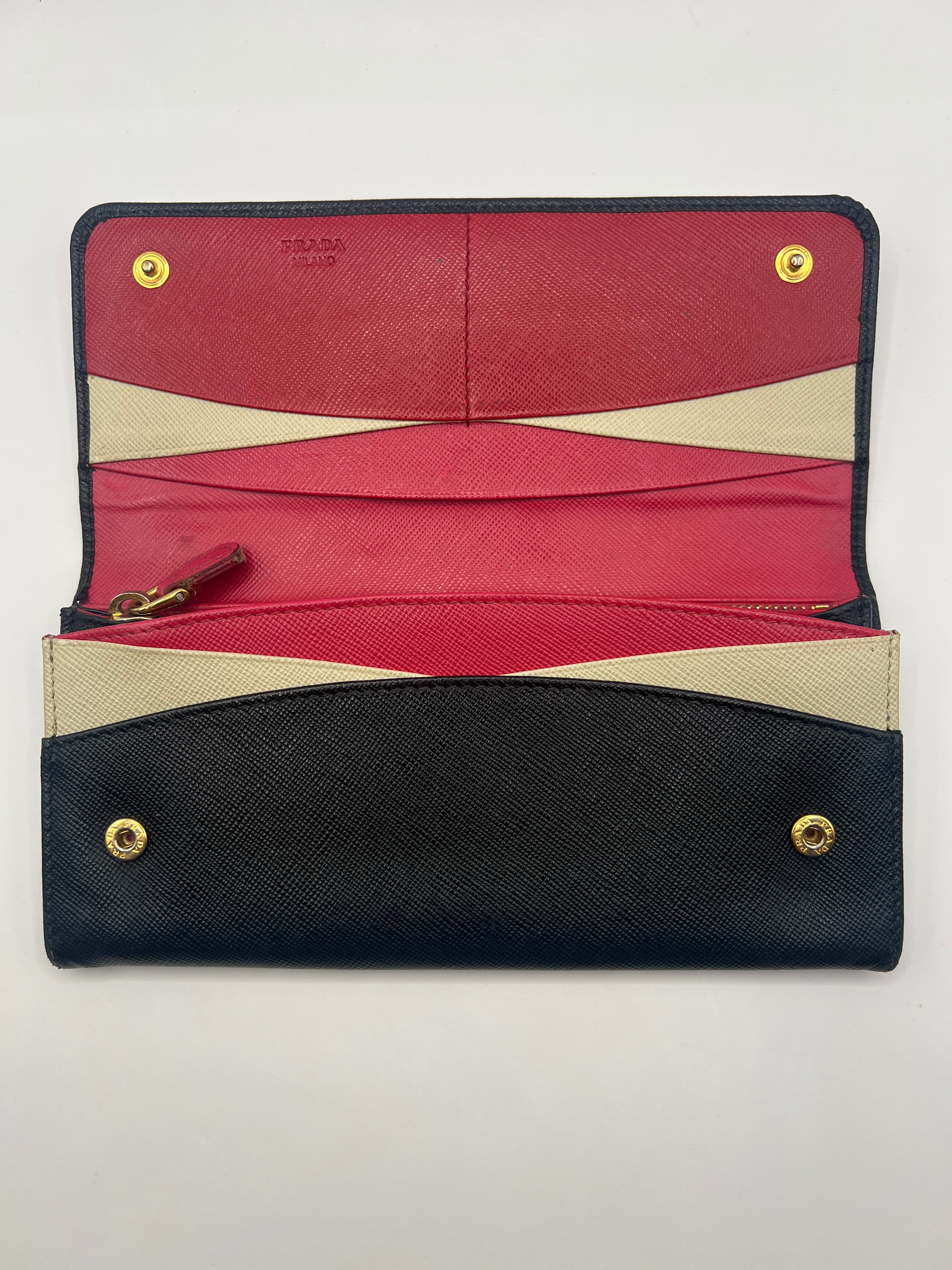 Prada Long Saffiano Leather Black Wallet Red Interior with Box