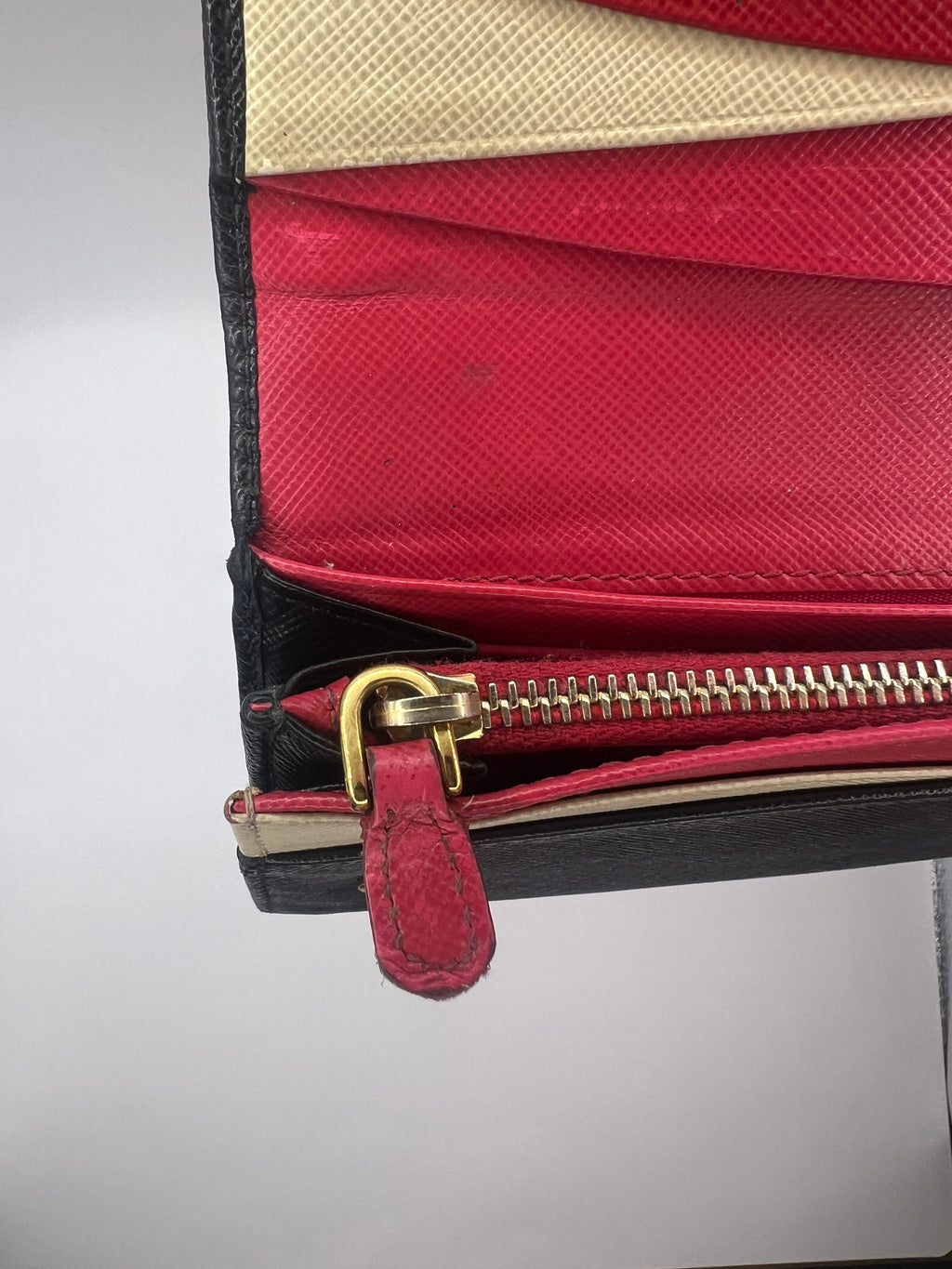 Prada Long Saffiano Leather Black Wallet Red Interior with Box