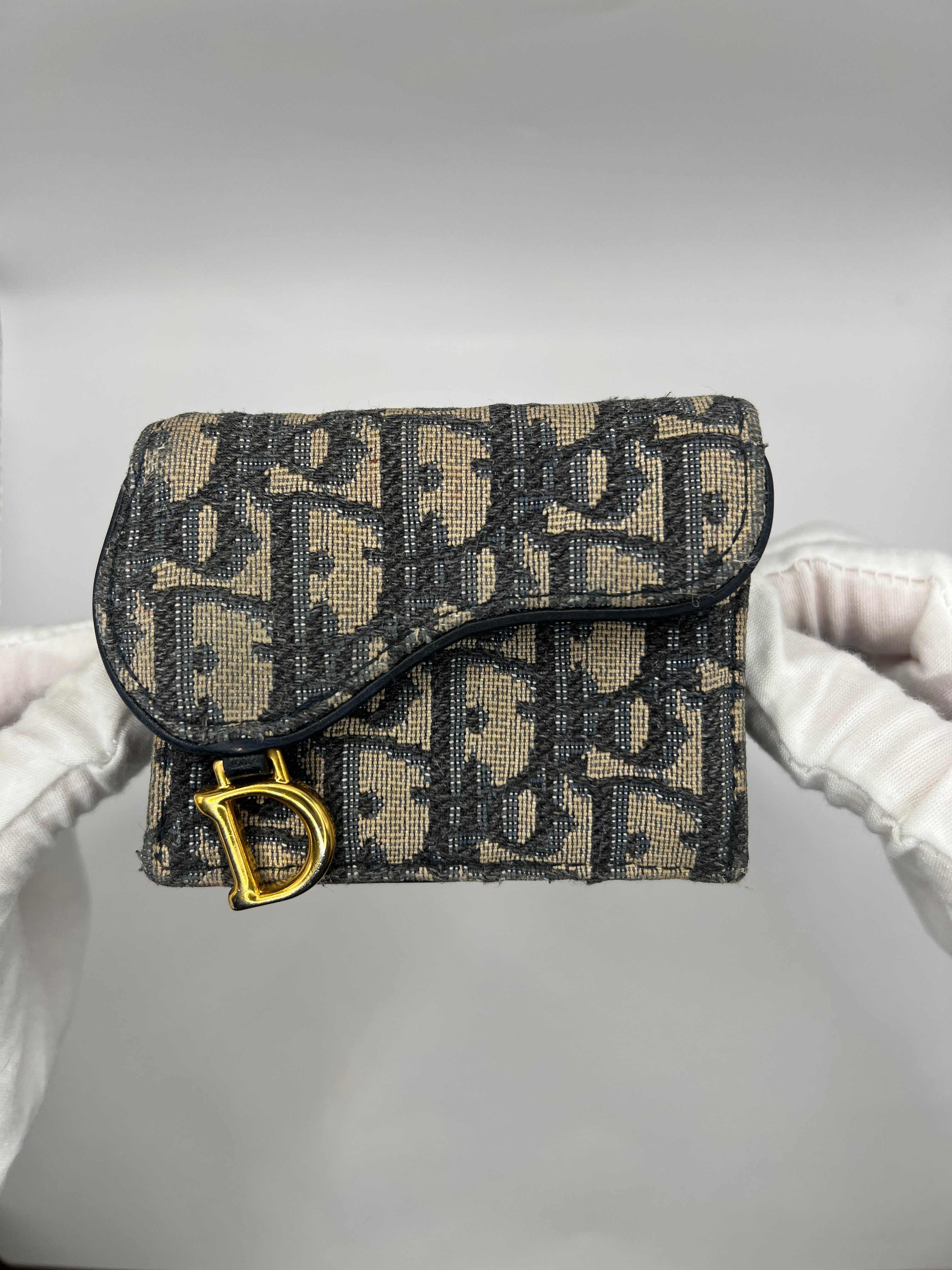 Christian Dior Navy Oblique Canvas & Leather Compact Wallet