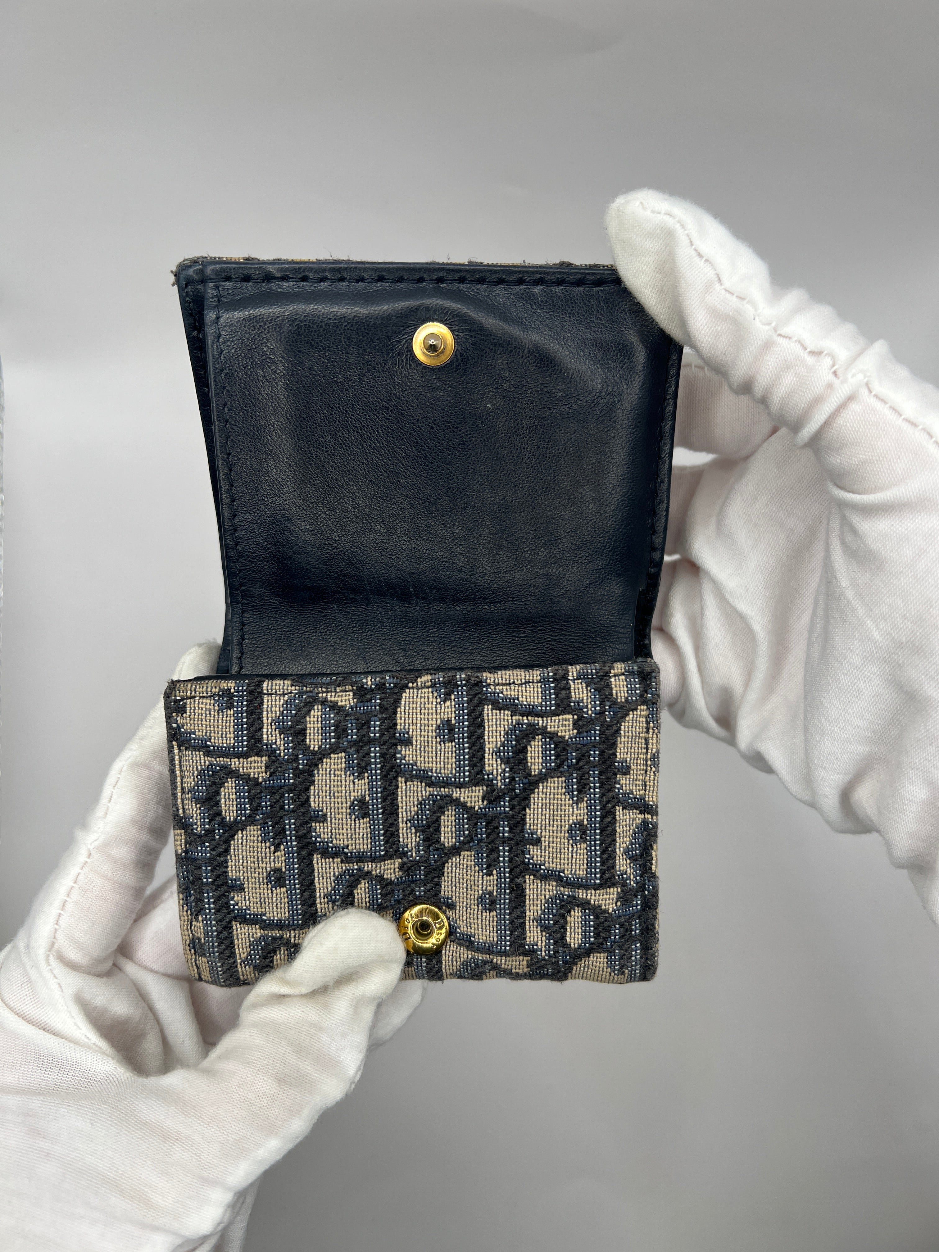 Christian Dior Navy Oblique Canvas & Leather Compact Wallet