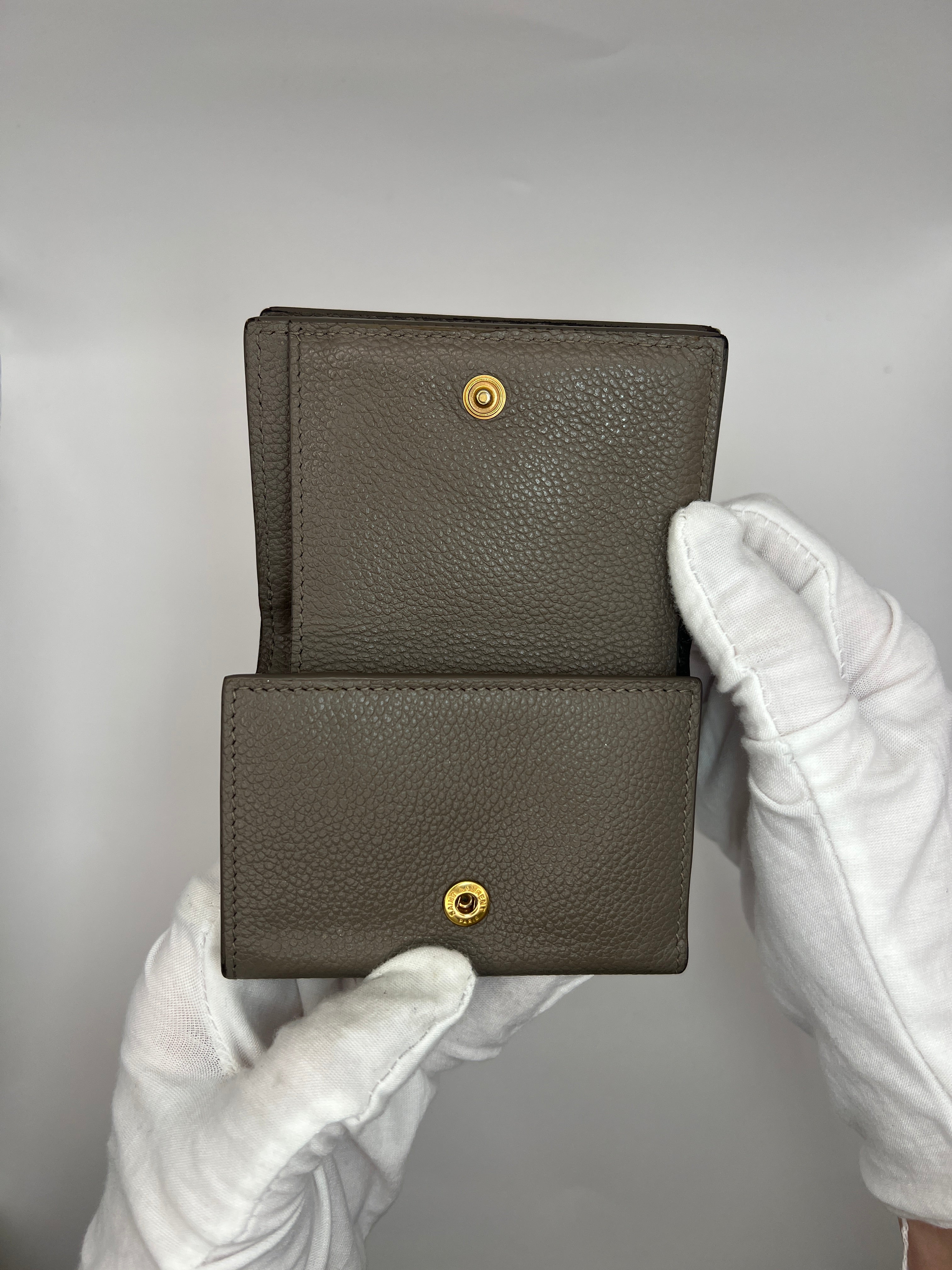 Saint Laurent Grained Leather Tri-Fold Wallet with Gold YSL Logo