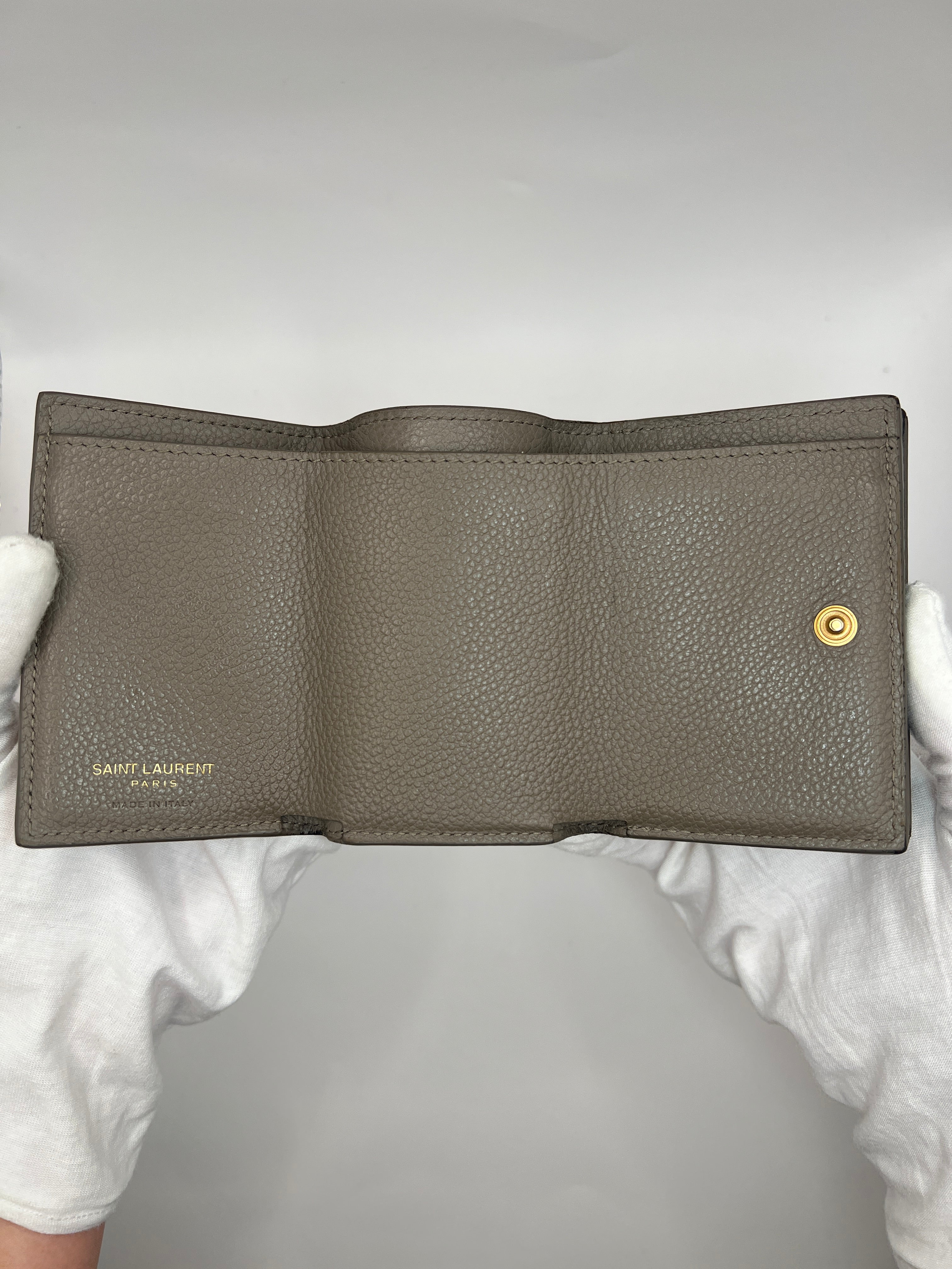 Saint Laurent Grained Leather Tri-Fold Wallet with Gold YSL Logo