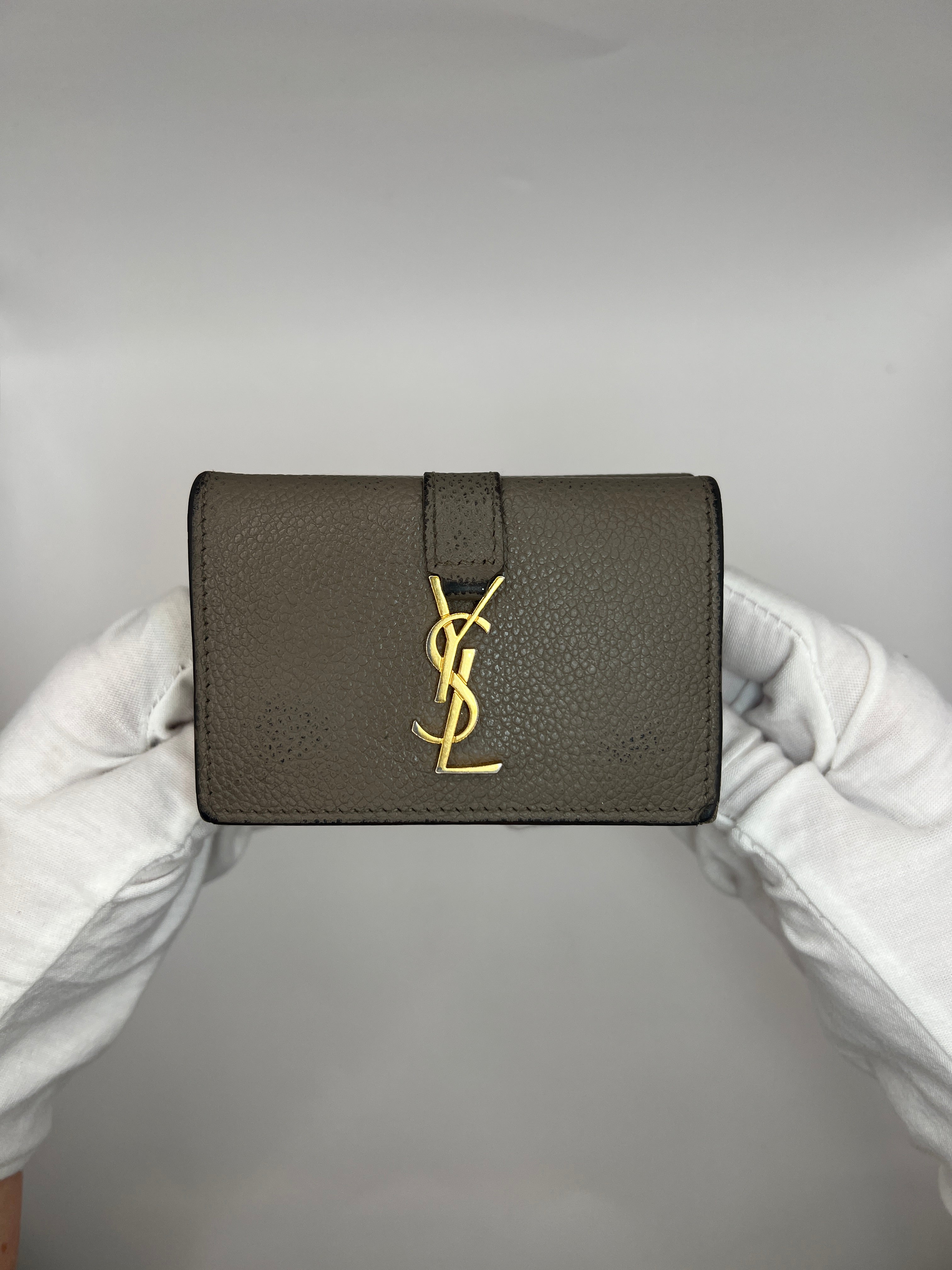 Saint Laurent Grained Leather Tri-Fold Wallet with Gold YSL Logo