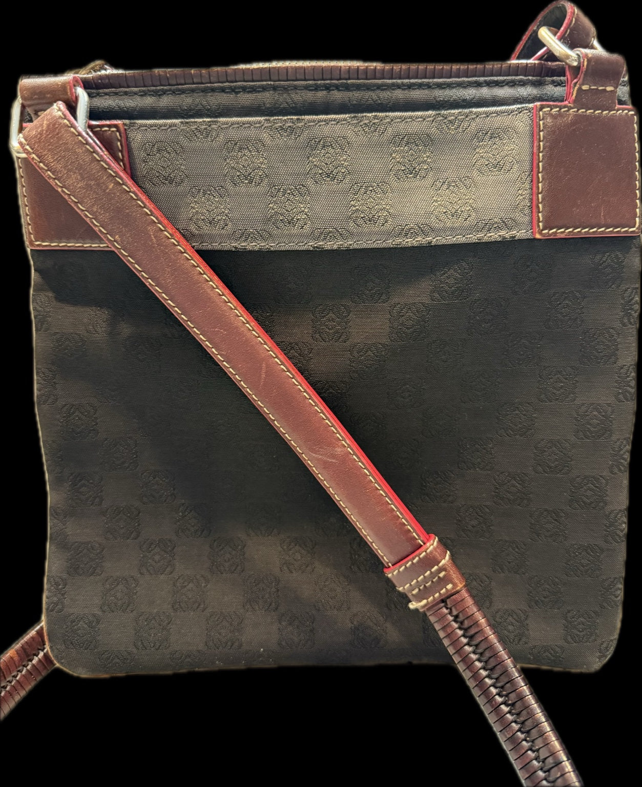 Loewe Anagram Canvas Crossbody Bag – Brown & Burgundy Leather Trim