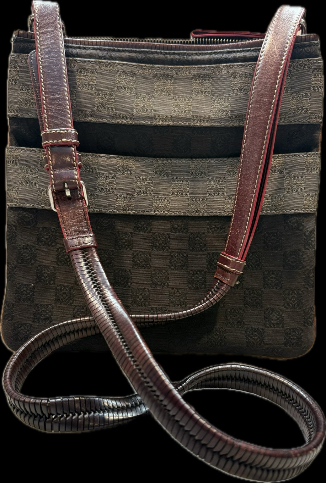 Loewe Anagram Canvas Crossbody Bag – Brown & Burgundy Leather Trim