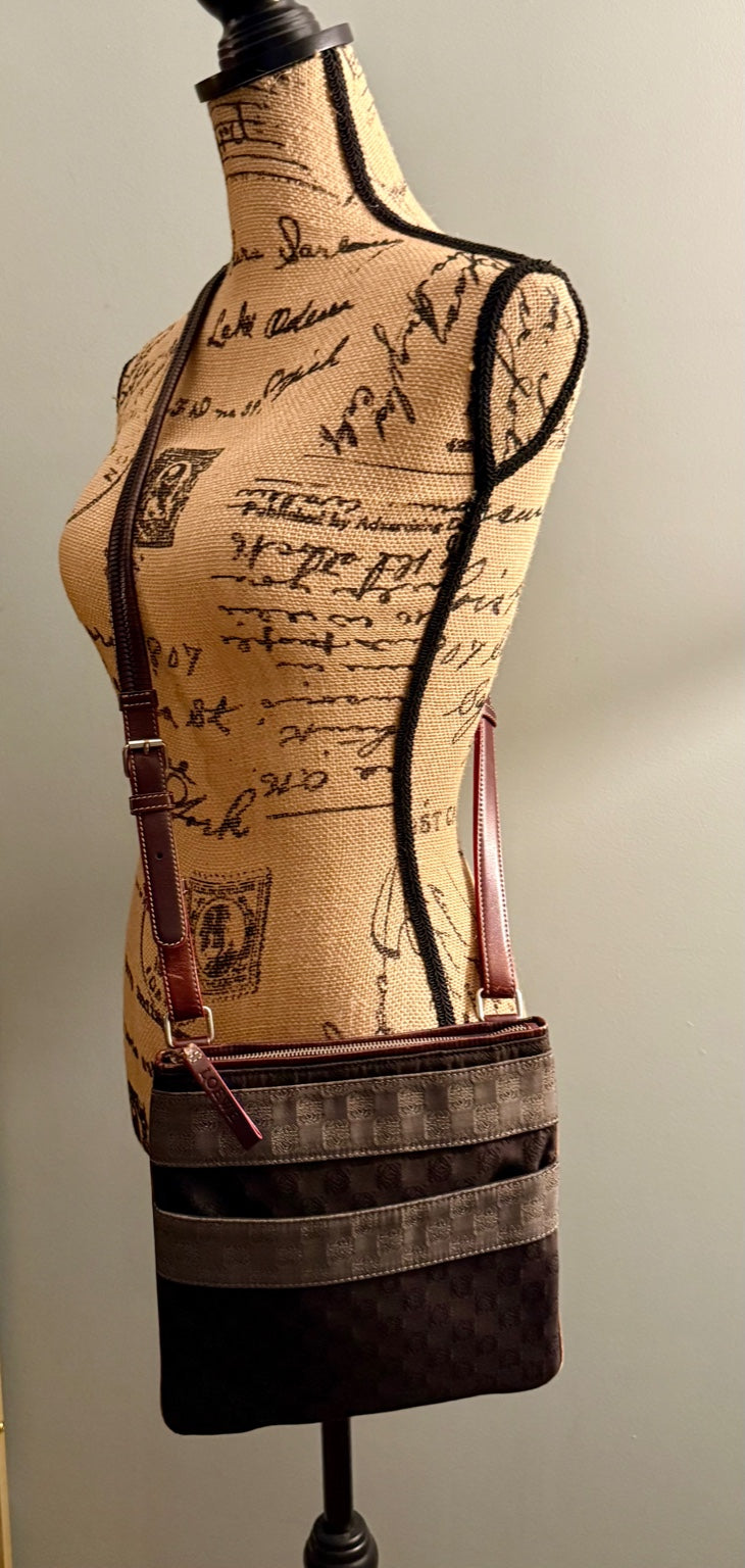 Loewe Anagram Canvas Crossbody Bag – Brown & Burgundy Leather Trim