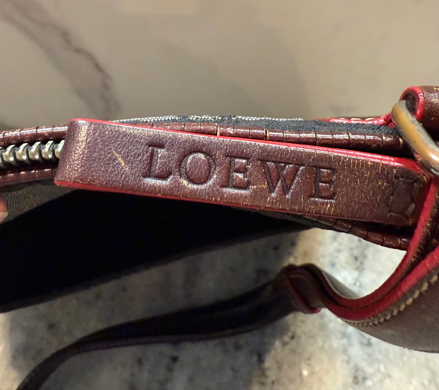 Loewe Anagram Canvas Crossbody Bag – Brown & Burgundy Leather Trim