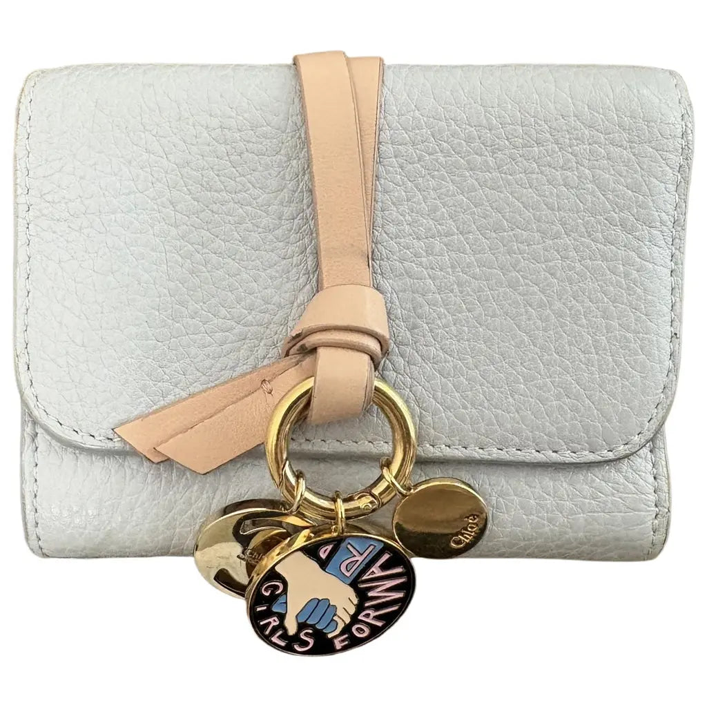 Chloé Alphabet Compact Trifold Wallet Light Grey Pebbled Leather w/ Charm Cluster