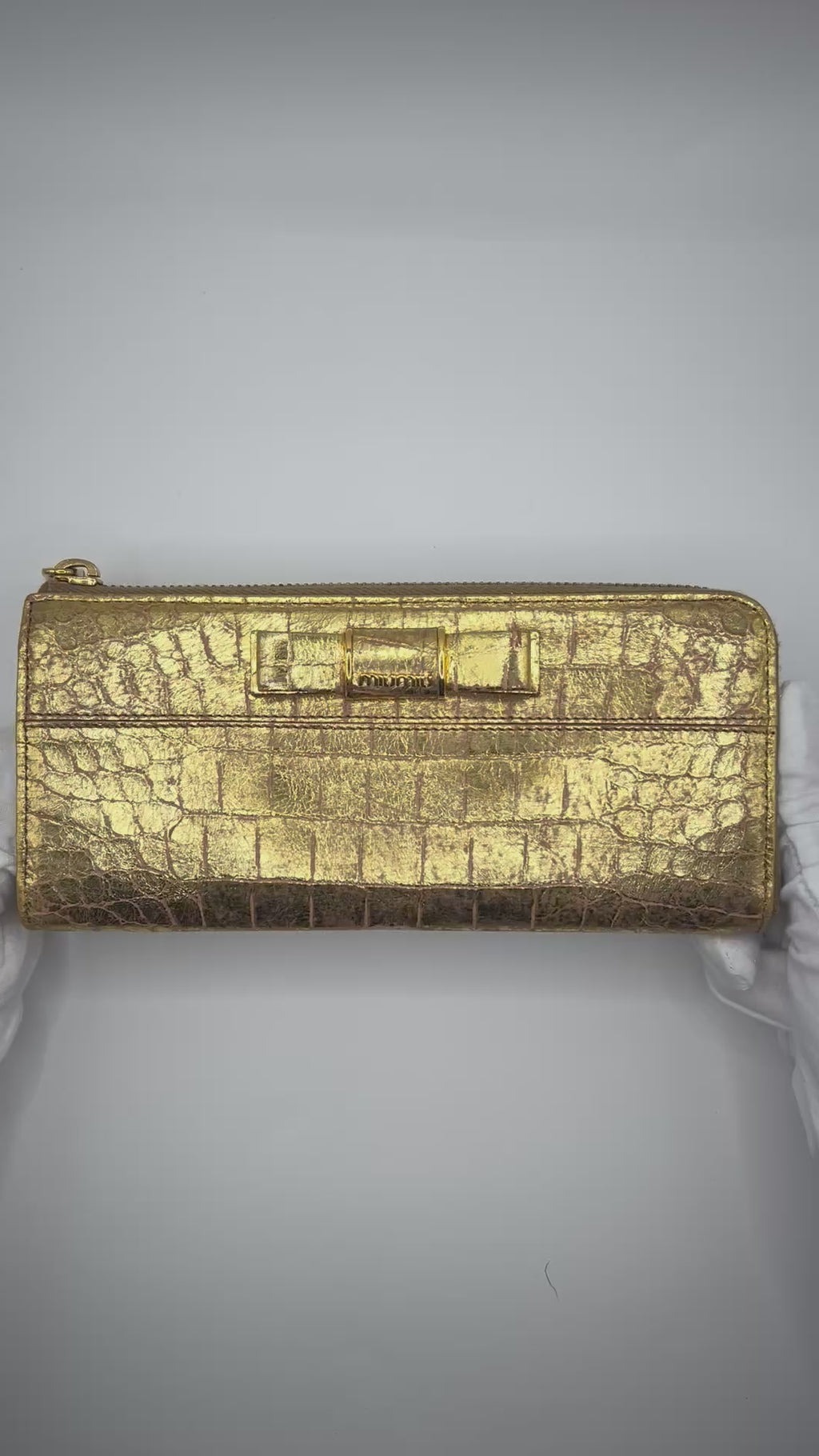 Miu Miu Gold Croc-Embossed Bow Zip Wallet