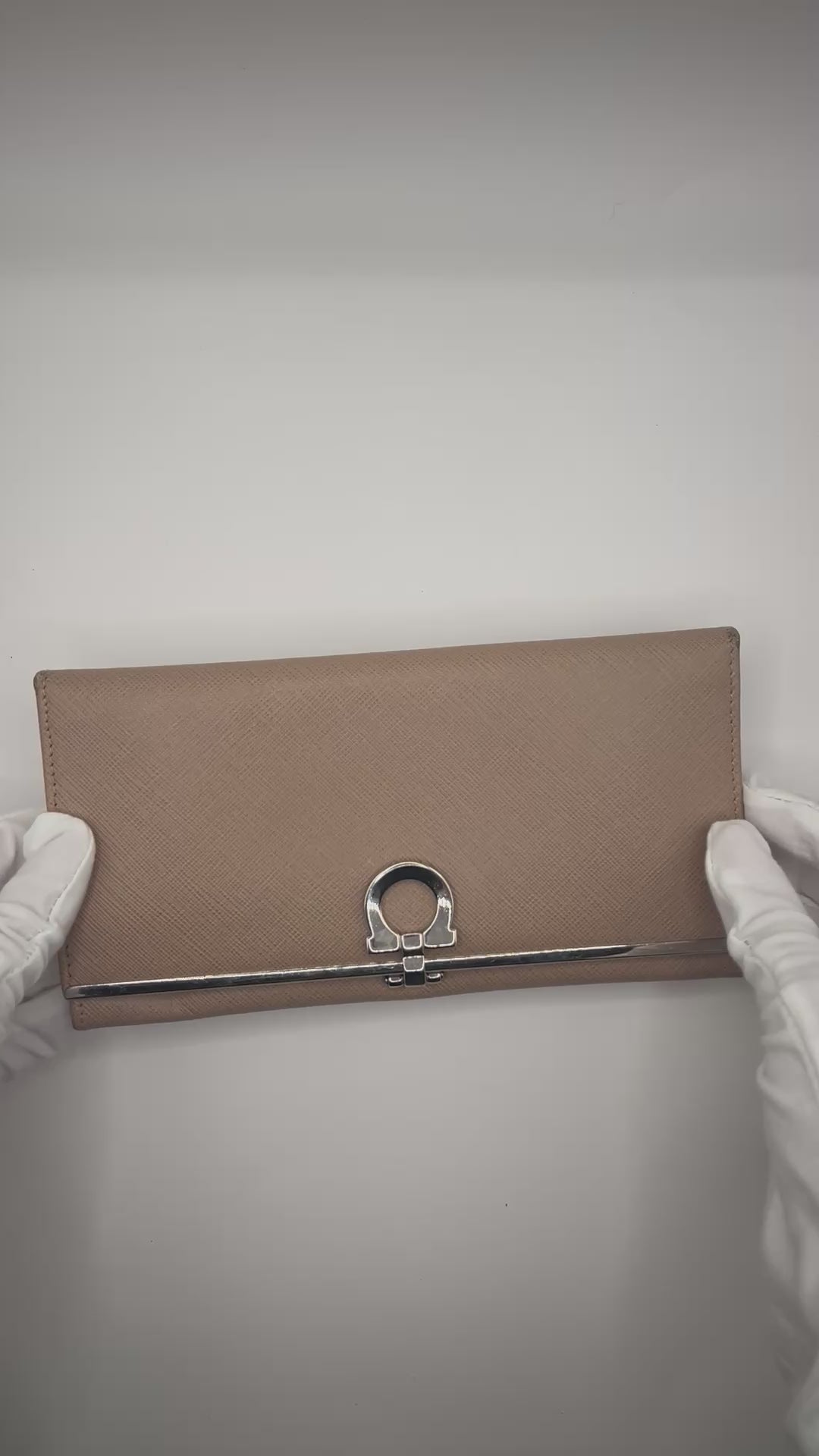 Salvatore Ferragamo Beige Saffiano Leather Gancini Wallet